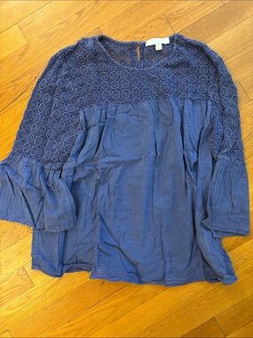 Boho Crochet Yoke Blue Peasant Blouse